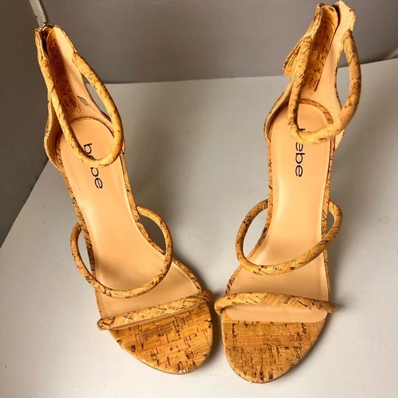 Bebe BERDINE Size 8 Glittery Cork Ankle Strap High Heels Classy Stylish - Picture 5 of 5
